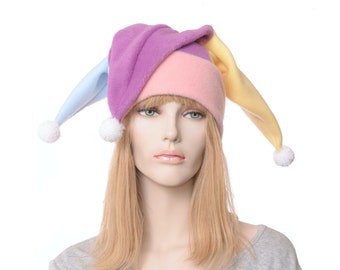 Jester Hat Long Pastel Goth Pompoms Three Point Fleece Harlequin Cosplay Adult Man Woman Renaissance Fair Kawaii Raspberry Peach Blue Yellow