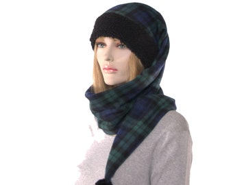 Long Stocking Cap Plaid Green Black Wrap Around Scarf Hat Black Sherpa Headband and Pompom Adult Men Women