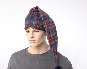 Stocking Cap Hat – Red & Blue Plaid Fleece with Pompom, Cozy Warm Winter Cap, Scrooge Style Hats, Limited Edition