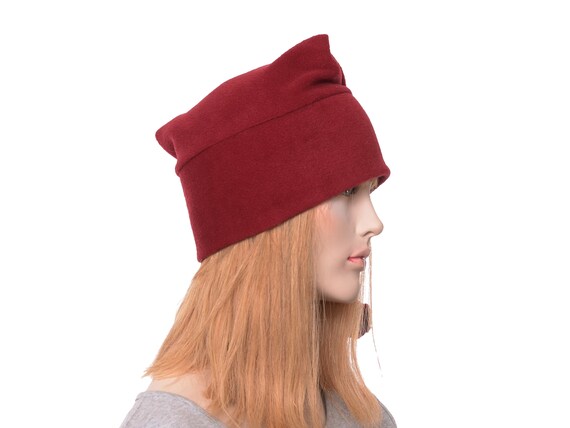 Stocking Cap Burgundy Pointed Tail Hat Pompom Long Beanie