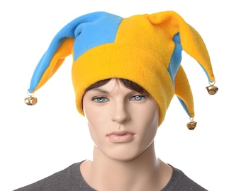 Jester Hat Blue Gold with Gold Bells Fleece Harlequin Cap Fools Hat Three Pointed Beanie 3 Tail Hat Cosplay Adult Men Women