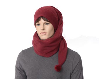 Extra Long Burgundy Fleece Stocking Cap: Wrap Around Scarf Hat with Pompom Tip Adult Men Women