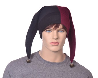 Jester Hat Two Pointed Maroon Black Fleece Bells Double Tails Adult Men Women Clown Cosplay Ren Fair