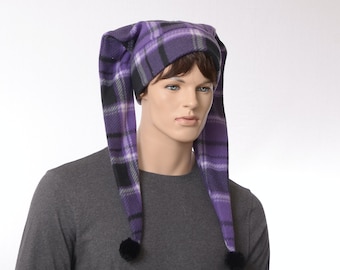Jester Cap Two Pointed Purple Black Plaid Back Facing Pompoms Fleece Adult Men Women Pompoms Warm Winter Hat