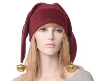 Burgundy Jester Hat Fleece Harlequin Cap Two Point Gold Oversized Bells Fool Cosplay Maroon Adult Men Women Ren Fair Ready to Ship