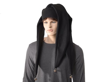 Jester Hat Black Fleece 3 Long Tails Silver Bells Harlequin Goth Winter Ren Faire Adult Men Women