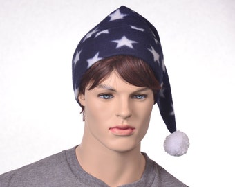 Stocking Cap Navy Blue White Stars Fleece Hat Pointed  Bobble Beanie Hat Adult Tail Cap Cosplay