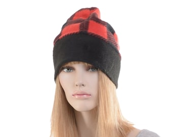 Beanie Hat Red Black Buffalo Plaid Fleece Slouchy  Cap Barrentina Watchman Warm Winter Adult Men Women Holiday Hat Gift