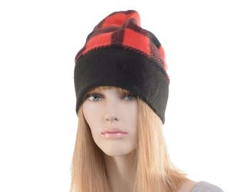 Beanie Hat Red Black Buffalo Plaid Fleece Slouchy  Cap Barrentina Watchman Warm Winter Adult Men Women