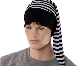 Sleep Hat Black White Goth Cotton Striped Nightcap with Pompom Adult Men Women Gothic Gothic Night Cap