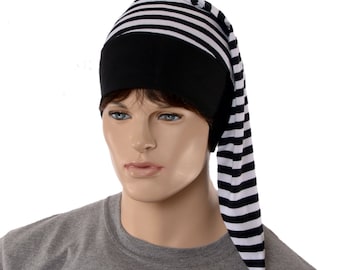 Night Cap Hat Black White Goth Cotton Striped Nightcap with Pompom Adult Men Women Gothic