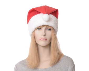 Unusual Santa Hat Short Front Pointing Tip White Yarn Pompom Christmas Caps Santa Helper Cap Sherpa Fleece Adult Men Women