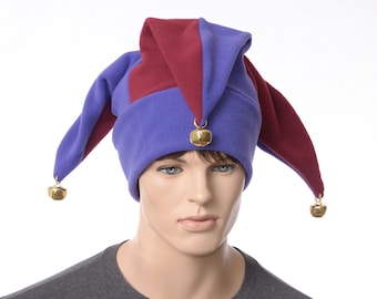 Jester Hat Burgundy Purple Three Point Harlequin Cap Bells Fleece Renaissance Fair Carnival Adult Men Women Cosplay Court Fool Ren Fair