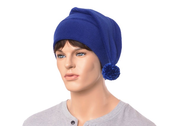 Bonnet de nuit bleu pointu fait à la main avec pompon coton adulte hommes  femmes chapeau de couchage -  France