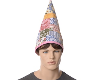 Gnome Hat Quilted Cotton Mosaic Floral Patchwork Look Tall Pointed Cap Halloween Costume Wizard Kitchen Witch Adult Men Women
