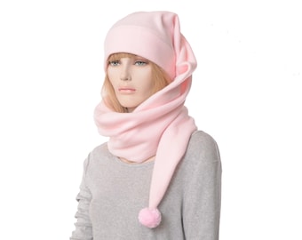 Pink Wrap Around Long Stocking Cap Pastel Coiling Scarf Hat Soft Tail Hat Pompom Warm Winter Fleece Women Men Adult Cute Core