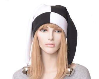 Jester Hat Black White Made of Fleece Harlequin Cap Two Pointed with Oversized Bells Cosplay Adult Men Women