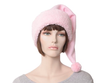 Pink Hat Pom Pom Stocking Cap Fluffy Sherpa Pointed Hat with Pompom Warm Winter Women Pastel Santa