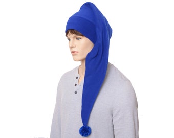 Extra Long Stocking Cap Royal Blue PomPom Goth Santa Hat Long Tail Hat Fleece Hygge Handmade