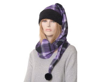Wrap Around Scarf Hat Stocking Cap Purple Black White Plaid Fleece Body with Black Sherpa Headband Pompom Adult Men Women Handmade Gift