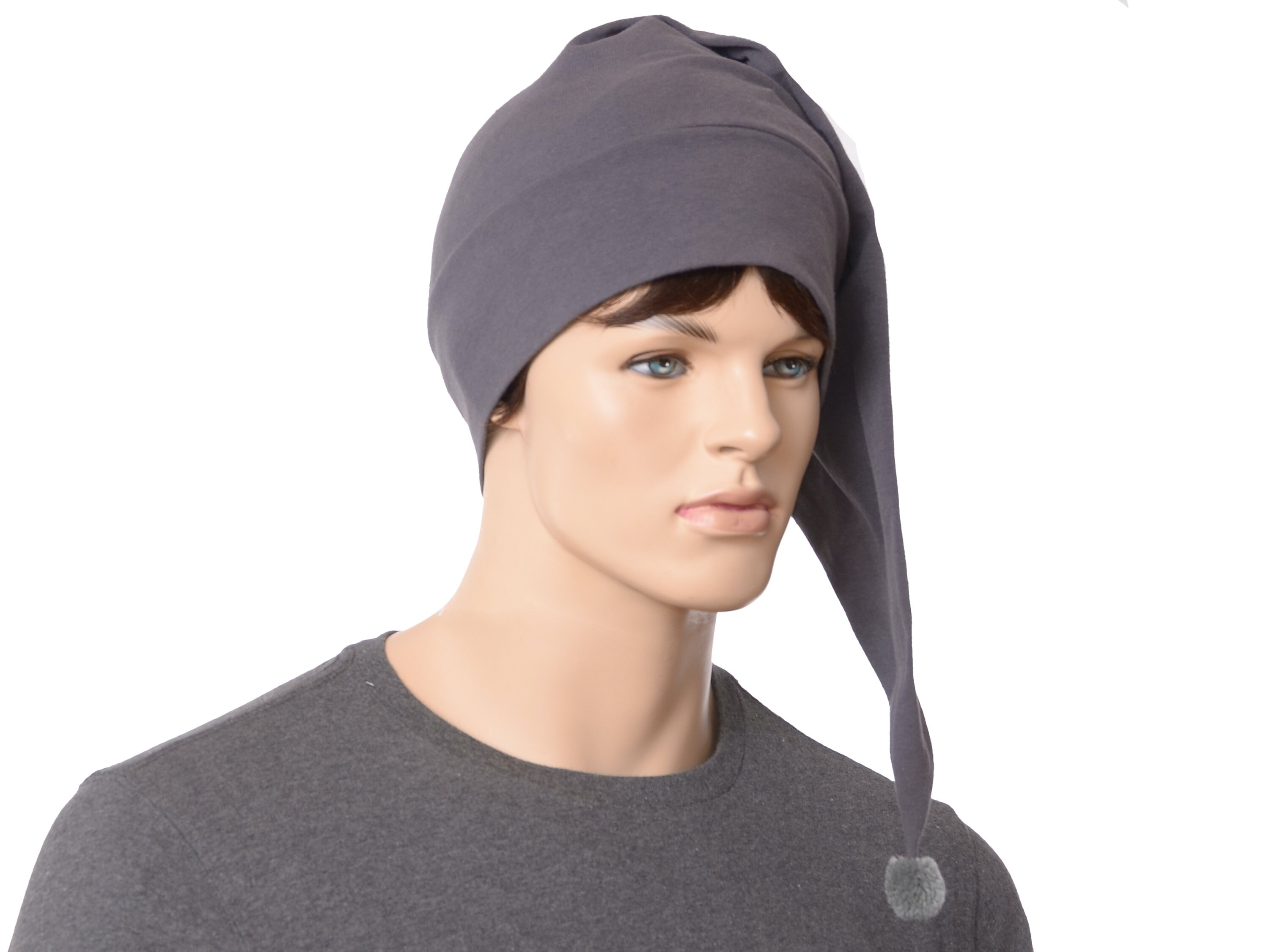 Bonnet de nuit bleu pointu fait à la main avec pompon coton adulte hommes  femmes chapeau de couchage -  France