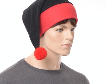 Fleece Stocking Cap: Black & Red Goth Winter Hat with Optional Pompom