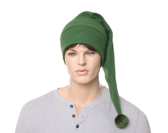 Stocking Cap Green Shoulder Length Fleece Pompom Elf Hat Long Christmas Santa Adult Women Men Christmas Gift Him Her Shoulder Length