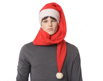 Santa Hat Unusual Long Stocking Cap Wrap Around Scarf Hat Red Fleece with Cream Sherpa Headband Adult Men Women