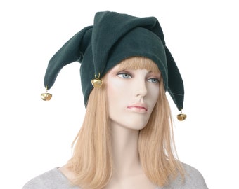 Jester Hat Dark Green Three Pointed Joker Halloween Costume Hat with Bells Cosplay Adult Men Women Ren Faire