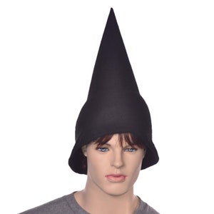 May include: A black felt cone-shaped hat with a wide brim. The hat is tall and pointed.