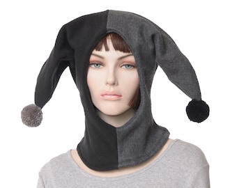 Jester Hood Gray Black Costume Hat Fleece with Pompoms Harlequin Cosplay Handmade Balaclava