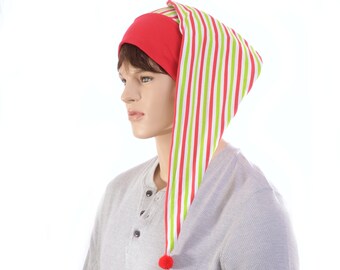 Hat to Sleep In Night Cap Red Green White Stripe NightCap with Pompom Cotton Adult Men Women Holiday Stocking Stuffer Gift