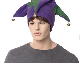 Fleece Jester Hat: Purple and Green Three Point Harlequin Cap with Gold Bells