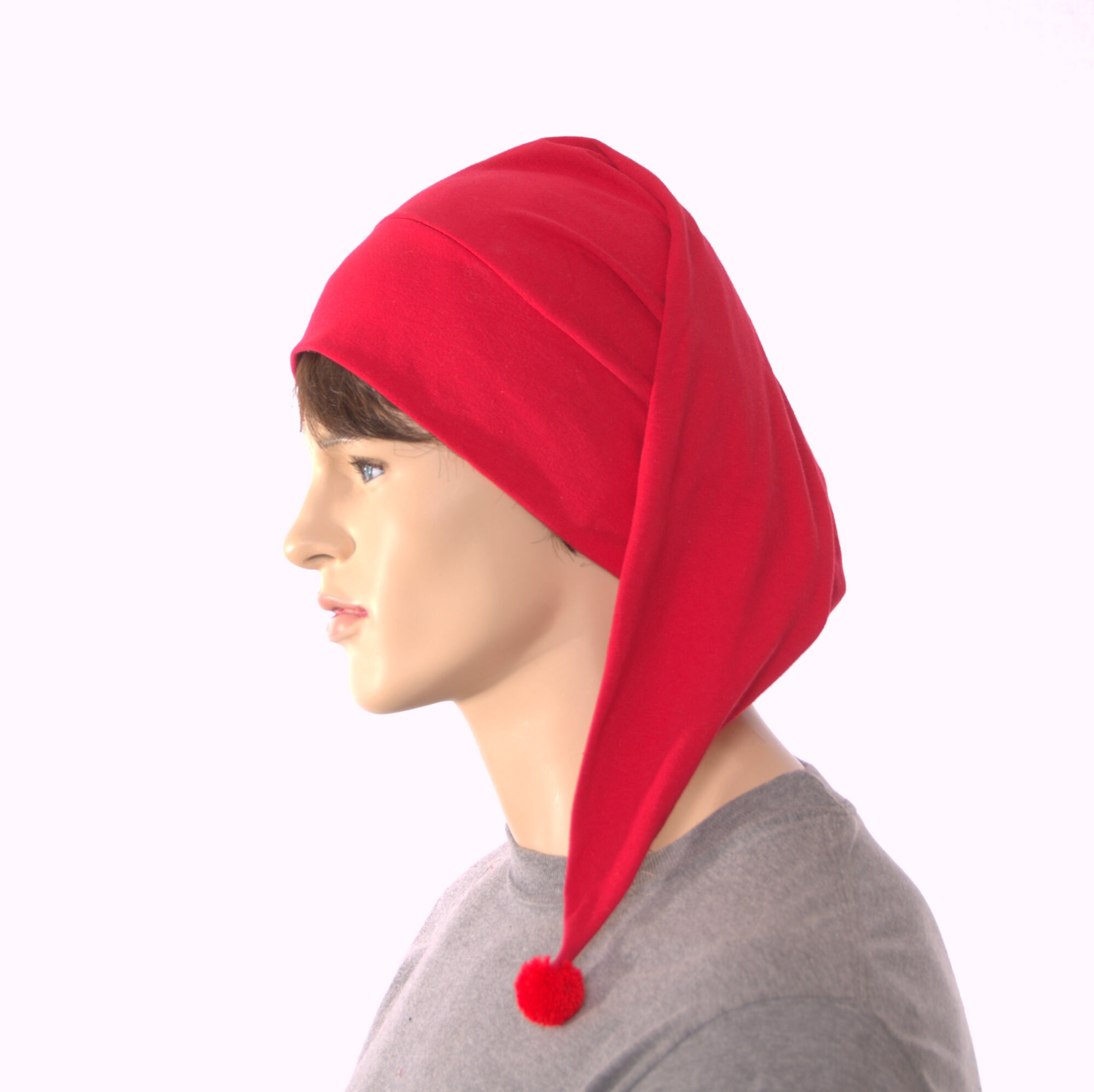 Red Nightcap Cotton Union Suit Night Cap Sleep Hat Pompom Holiday