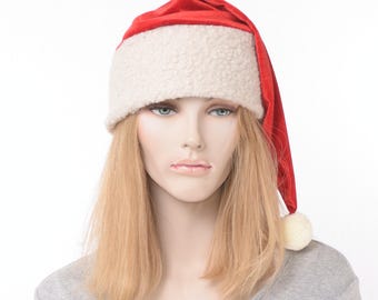 Retro Santa Hat – Red Velvet with Faux Curly Lamb Cuff, Luxury Christmas Hat for Adults