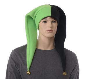 Jester Hat Black Lime Green Gold Bells, Two Point Fleece Harlequin Hat, Goblin Elf Cap, Renaissance Festival, LARP Cosplay Adult Men Women