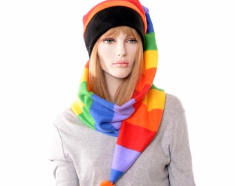Rainbow Long Stocking Cap Pride Stripe Long Wrap Around Scarf Hat Fleece With Pompom Adult Men Women Multi-Color Beanie