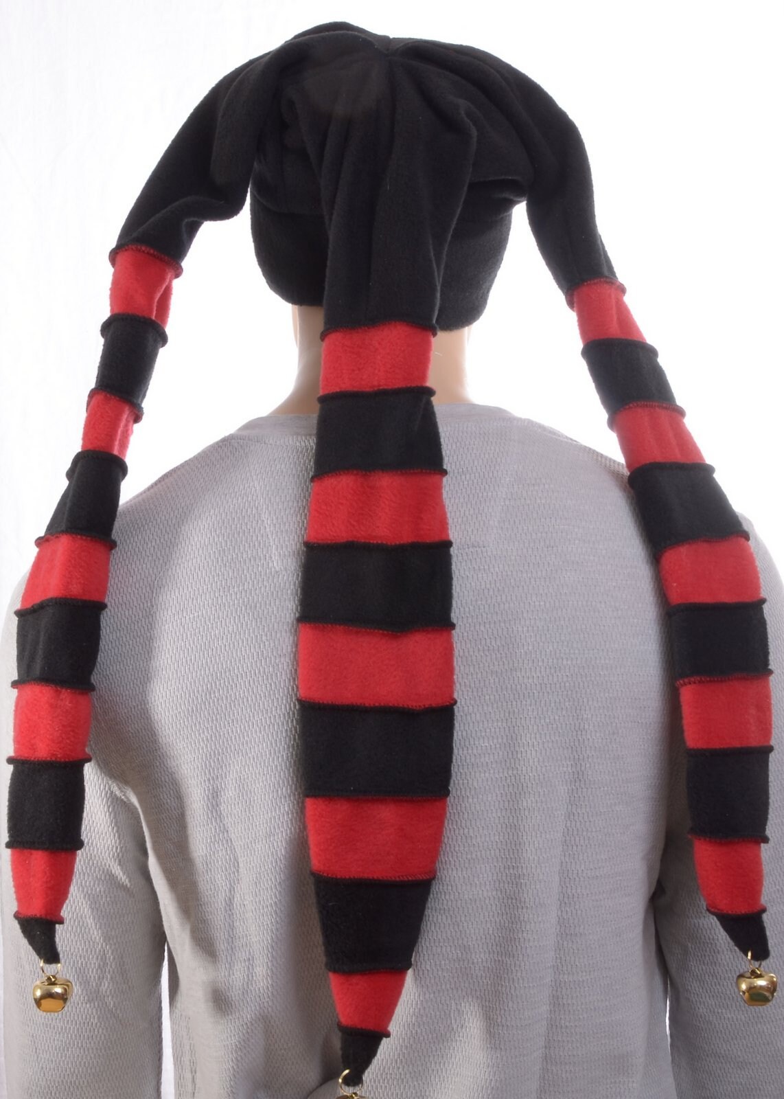 Long Jester Hat Red Black Stripes Fleece Three Tail Point Horns Bells