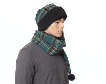 Long Stocking Cap Plaid Green Black Wrap Around Scarf Hat Black Sherpa Headband Pompom Adult Men Women Christmas Handmade Gift