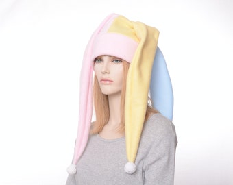 Jester Hat Long Pastel Pink Blue Yellow Kawaii Pompoms Three Pointed Fleece Harlequin Cosplay