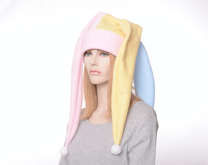 Featured listing image: Jester Hat Long Pastel Pink Blue Yellow Kawaii Pompoms Three Pointed Fleece Harlequin Cosplay