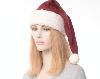 Santa Hat Burgundy Fleece Stocking Cap with Sherpa Cuff and Pom Pom Adult Mens Womens