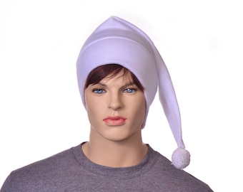 White Stocking Cap Fleece Bright White Pompom Unisex Men Adult  Women White Elf Hat Long Beanie