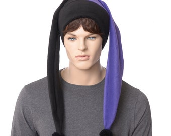 Jester Hat Long Black Purple Green  Pompoms Three Pointed Fleece Harlequin Cosplay Mardi Gras Adult Men Women