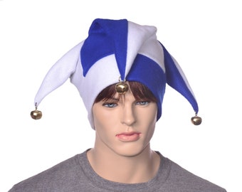 White and Blue Jester Hat Three Pointed Joker Halloween Costume Cap Gold Bells Harlequin Cap Cosplay Handmade Adult Men Women