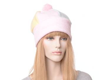 Pastel Beanie Hat Kawaii Pink Blue Yellow with Pink PomPom Adult Men Women Cosplay Cute Core