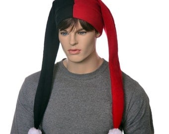 Long Jester Hat Red Black Long Harlequin Cap Pompom Two Tail Mardi Gras Carnival Costume Cosplay Adult Men Women