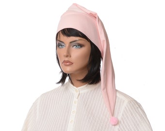 Night Cap Pink Pointed Handmade Nightcap with Pompom Cotton Adult Men Women Sleep Hat Pastel Christmas Gift for Her Him