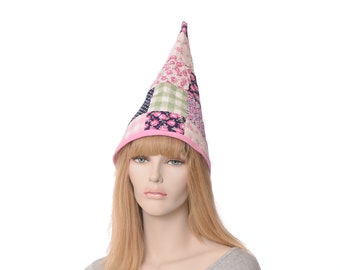 Kitchen Witch Hat Quilted Cotton : Floral Mosaic Cottagecore Gnome Cap Tall Pointed Hat Adult Men Women
