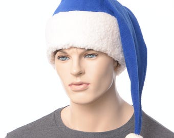 Santa Hat Royal Blue – Fleece Santa Hats with Sherpa Cuff and Yarn Pompom, Adult Christmas Stocking Cap